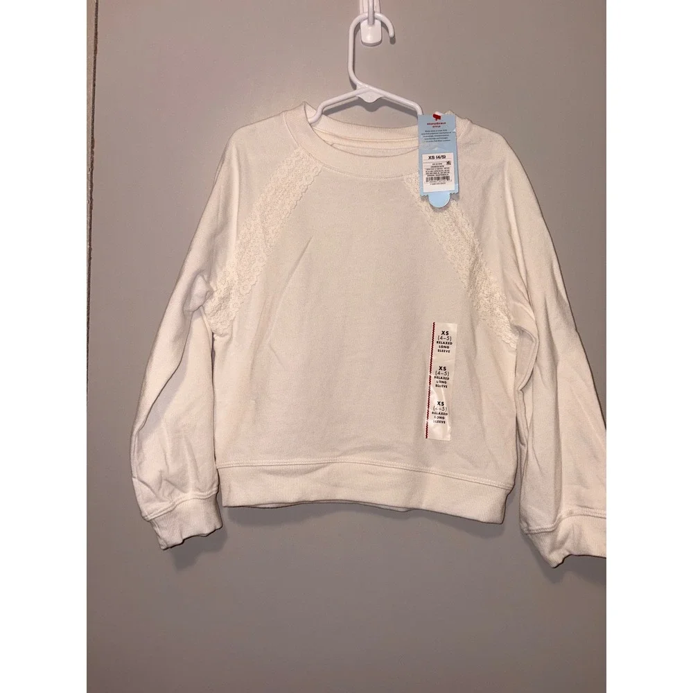 Cat & Jack Girls Cream Lace Trim Raglan Sweatshirt XS 4-5 Relaxed Fit Pullover